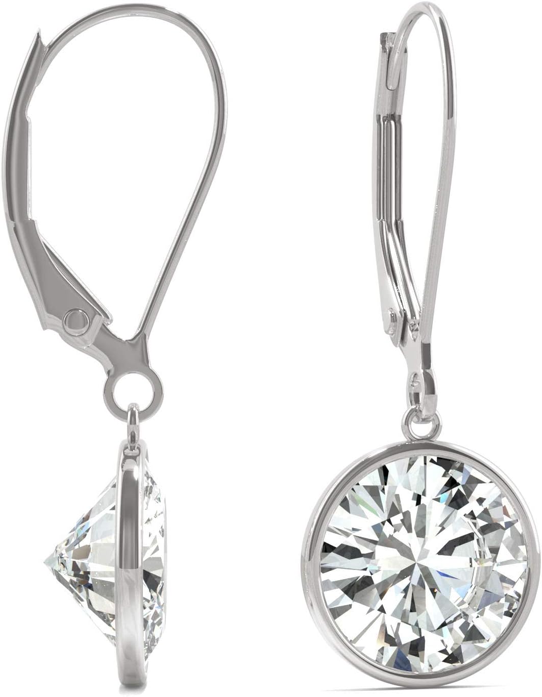 14K White Gold Moissanite by Charles & Colvard 8mm Round Bezel Drop Earrings 3.80cttw DEW