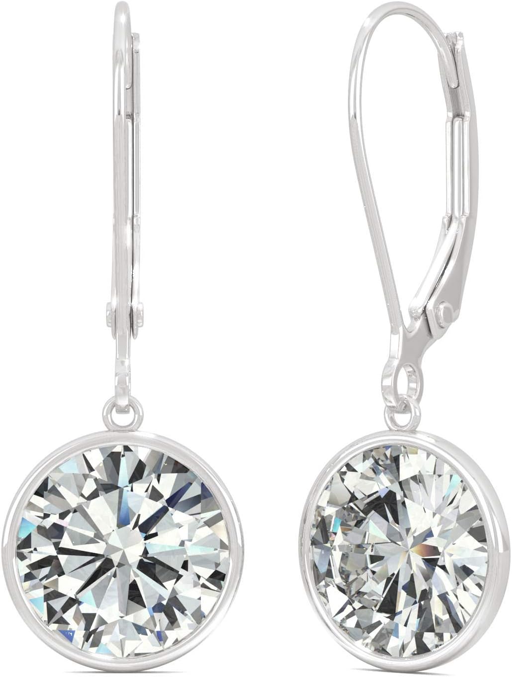 14K White Gold Moissanite by Charles & Colvard 8mm Round Bezel Drop Earrings 3.80cttw DEW